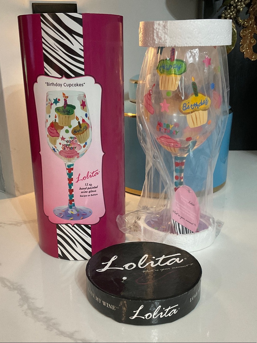 Lolita Hand-Painted Birthday Cupcakes Wine Glass in Pink and Multicolor